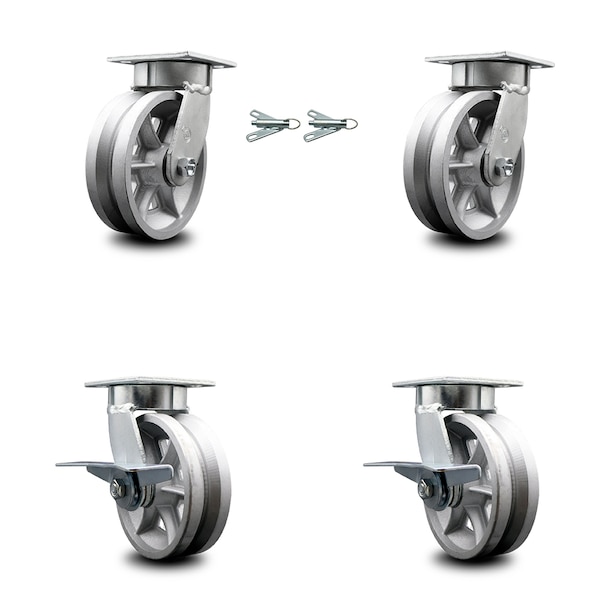 Service Caster 6 Inch Kingpinless V Groove Semi Steel Wheel Caster Swivel Locks 2 Brakes, 2PK SCC-KP30S620-VGR-BSL-2-SLB-2 - main